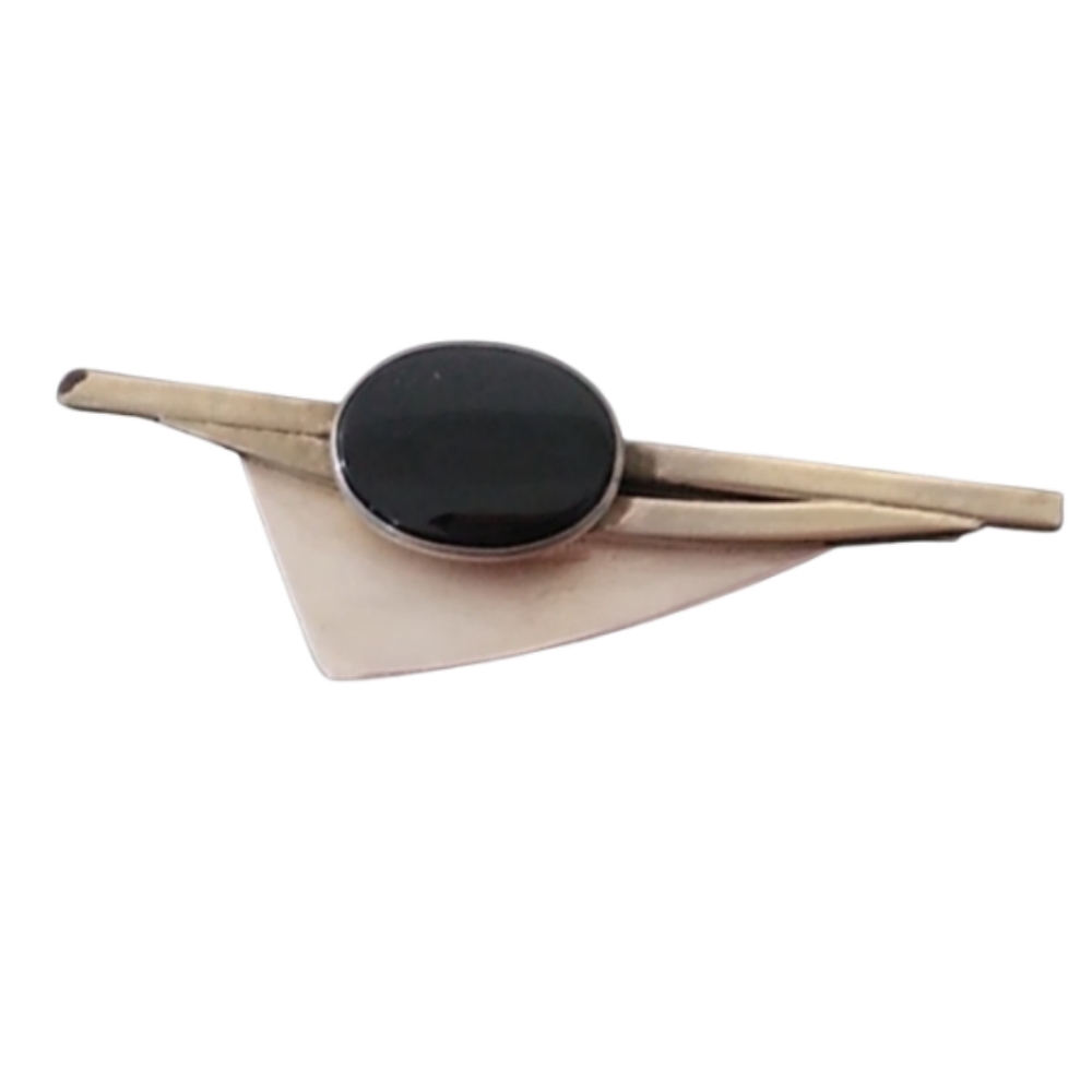 Signed AJV Sterling Vintage Modernist Onyx Geometric Style Brooch